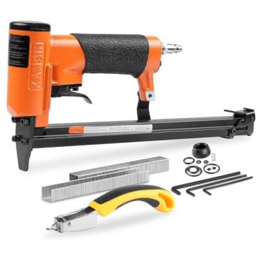 Imagem de KAMSIN Grampeador de estofamento pneumático KNL8016 calibre 21 com carregador longo estendido, grampos de coroa de 1/2 polegada, comprimento da perna de 6 a 16 mm, grampeador de fio fino Air Power