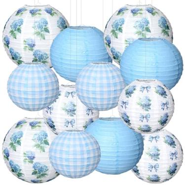 Imagem de Huquary 12 peças de lanternas de papel de hortênsia xadrez azul pendurado lanterna de papel decorações para chá de bebê chá de panela casamento aniversário decoração de jardim primavera verão floral