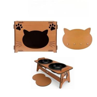 Imagem de Casa de Gato em MDF Nicho Toca Playground Cama para Gatos Espaço Pet Decorativo(KIT CARAMELO CASA+COMEDOURO)