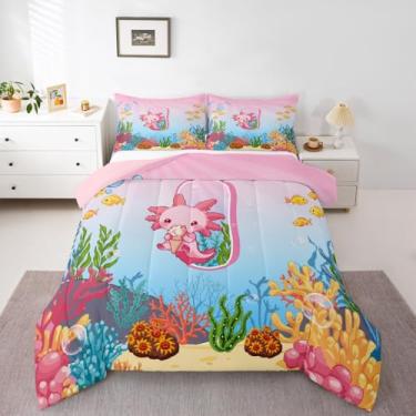 Imagem de Erosebridal Jogo de cama fofo de desenho animado kawaii, letra I, tamanho solteiro, para crianças, meninas, adolescentes, rosa, azul, ombré, alfabético, oceano, salamandra, conjunto de cama