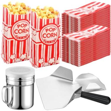 Imagem de Potchen Conjunto de 502 peças de suprimentos para máquina de pipoca inclui 500 peças de sacos de pipoca vermelha e branca de 28,3 g, conjunto de colheres e saleiro de aço inoxidável para festa de