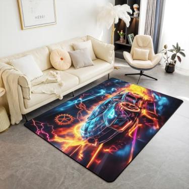 Imagem de Erosebridal Tapete de carro de corrida Ice Fire Race para meninos, 1,52 m x 1,28 m, tapete azul preto para crianças, adolescentes, meninas, laranja, azul, geométrico, carro, corrida, carro, interior