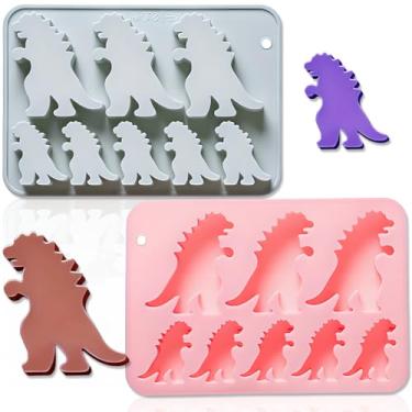 Imagem de Conjunto de 2 moldes de silicone Monster – 8 cavidades, 3 moldes grandes e 5 pequenos de dinossauro, bandeja de cozimento flexível de grau alimentício premium para chocolate, bala, geleia, biscoitos