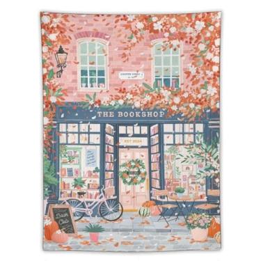 Imagem de Tapeçaria de fachada de livraria de primavera, tapeçaria de parede floral rosa de tinta a óleo, decoração sazonal aconchegante para sala de estar, quarto, decoração de arte de natureza quente 152 x