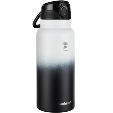 Imagem de Fanhaw Garrafa de água de aço inoxidável isolada de 947 ml com tampa – boca larga, à prova de vazamento, livre de BPA – ideal para crianças, adultos, esportes, academia e uso ao ar livre (branco preto