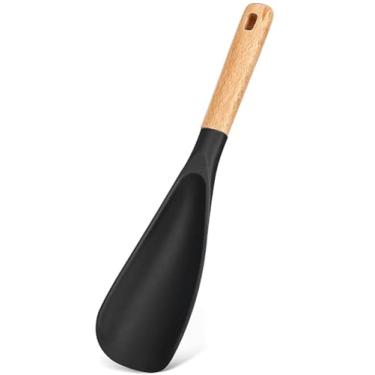 Imagem de Espátula de silicone com cabo de madeira, utensílio de cozinha antiaderente resistente ao calor, sem BPA, design de orifício para pendurar, multiuso para cozinhar, servir, misturar saladas (preto)