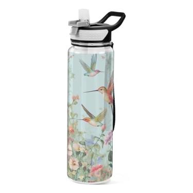 Imagem de Burbuja Garrafa de água floral Bird de 940 ml com tampa de palha, à prova de vazamento e livre de BPA para academia, esportes ao ar livre