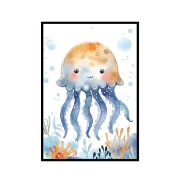 Imagem de Impressão de berçário de animais oceânicos desenho animado tartaruga marinha baleia pôster aquarela animais marinhos pintura em tela decoração de parede quarto infantil (SKU4,20.3x30.5 cm = (20x30cm