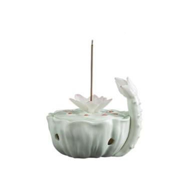 Imagem de Queimador de incenso em forma de lótus com tampa flores moldadas à mão de cerâmica para estudo doméstico ou uso na mesa para meditação