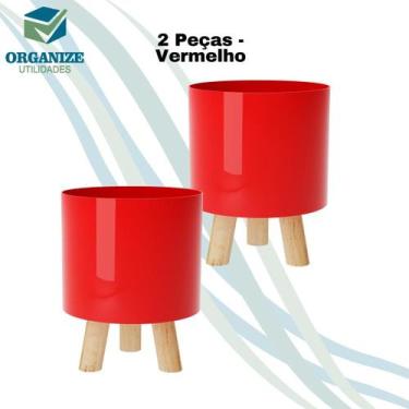 Imagem de Kit com 2 Cachepot Retro pé Madeira Decoração - PRODUFEST, Vermelho