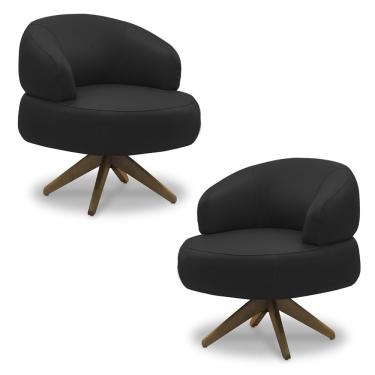 Imagem de Kit 2 Poltronas Decorativas Katy Sala de Estar Base Giratória em Madeira Couro Preto G88 - Gran Belo