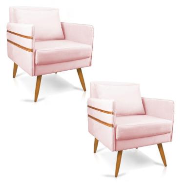 Imagem de Kit 02 Poltronas Mari Suede Rosa Bebê Pés Palito Castanho