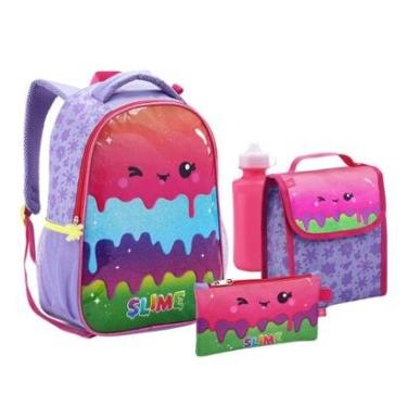 Imagem de Kit Mochila Costas Lancheira Garrafa Estojo Escolar Menina Infantil Slime Roxo-Feminino