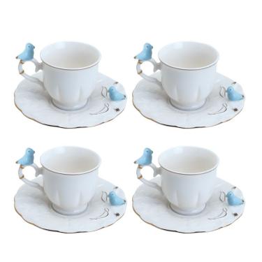 Imagem de Jogo 4 Xícara De Café Porcelana Birds Azul E Branca Fio Dourado Pássaro Com Pires 100ml...