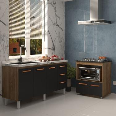 Imagem de Balcão Cozinha Armário Gabinete de Pia 160 cm Estela e Balcão para Fogão Cooktop 4 Bocas Evelyn Savana Preto