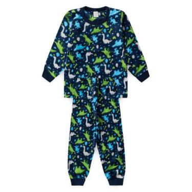 Imagem de Pijama Longo Infantil Peluciado Fleece Menino Marinho Dinossauros - Mo