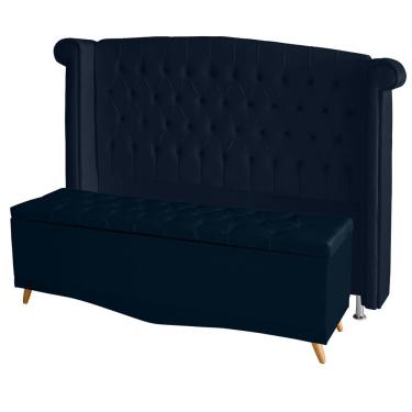 Imagem de Kit Cabeceira De Cama Box E Calçadeira Baú Luxo Casal 140 Cm Suede Azul Marinho Do Lar Móveis