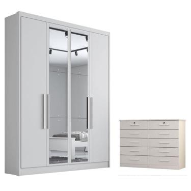 Imagem de Guarda Roupa Solteiro Sevilha com Nicho e Espelho e Gaveteiro Milão com Chave Neve - Novo Horizonte