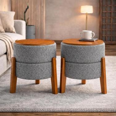 Imagem de Conjunto Puff Banqueta Soft Bouclé Redondo Pés Madeira Mesa de Apoio 2