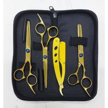 Imagem de Kit 3 Tesouras Profissionais Fio Navalha Desfiadeira para Corte e Desbaste com Navalha Estojo Dourado OEM