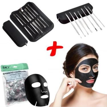 Imagem de 50 Máscaras Facial Desidratada Bambu e Carvão Ativo + Kit 7 Curetas co