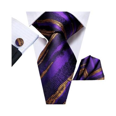 Imagem de Conjunto De Gravata Masculina Com Listras Florais Roxas, Lenço De Bols