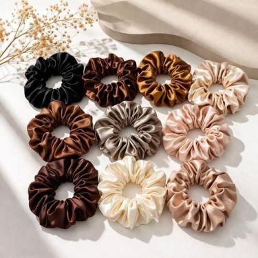 Imagem de 10 Scrunchies nude chic Cetim Luxo Antifrizz  Não Quebra, Não Marca  T