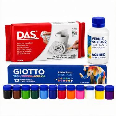 Imagem de Kit Massa para Modelar DAS Branca 500g com Tinta Acrílica 12 Cores e V