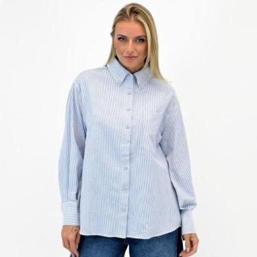 Imagem de Camisa Mamô Oversized Listrada com Bolso Manga Longa Feminina, 42, Azu
