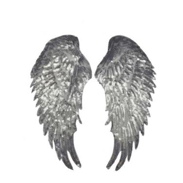 Imagem de Par De Apliques Asa De Anjo Paetê Termocolante Brilho Luxo 26,5x25cm -