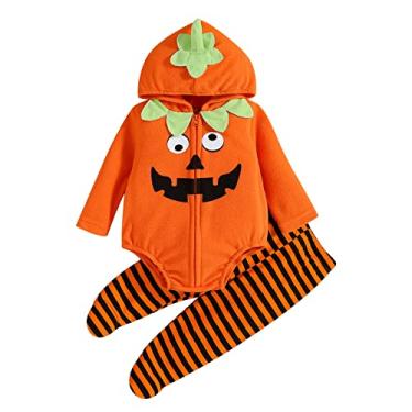 Imagem de Macacão infantil para meninos e meninas de manga longa Halloween abóbora cosplay fantasia macacão de lã macia com capuz (laranja, 6-9 meses)