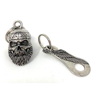 Imagem de Motociclista de moda antiga com sino de caveira com asa - Acessório de sino de motociclista ou chaveiro para sorte