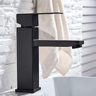 Imagem de Torneira da pia do banheiro preto fosco torneira quente fria misturador guindaste curto ou alto aço inoxidável quadrado lavatório torneiras ouro escovado, 1