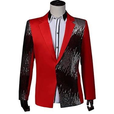 Imagem de Blazer de retalhos masculino lantejoulas slim fit terno jaqueta de um botão festa formatura roupas de boate terno formal para banquete, vermelho, P (busto: 93 cm)