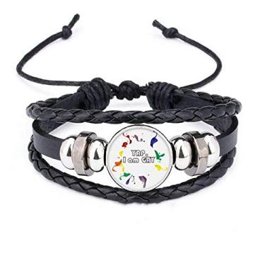 Imagem de DIYthinker LGBT Pulseira masculina de couro trançado com bandeira de arco-íris Yap I Am