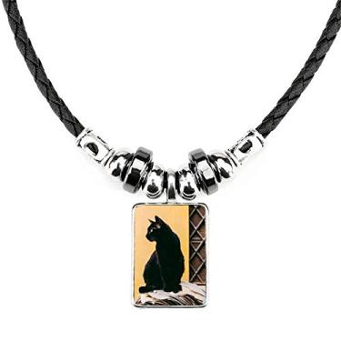 Imagem de DIYthinker Animal Cool Colar com fotografia de gato preto joia Torque pingente de corda de couro