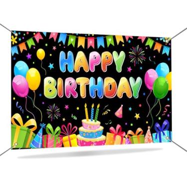 Imagem de Mocsicka Banner colorido de feliz aniversário infantil sinal de feliz aniversário para pano de fundo decoração de festa de feliz aniversário interior exterior para meninos meninas 70,8 x 43,3