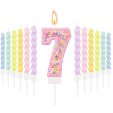 Imagem de MTLEE Vela de aniversário número 7 com 12 peças de velas espirais para meninas macaron pastel arco-íris unicórnio rosa topo de bolo para decoração de festa temática doce