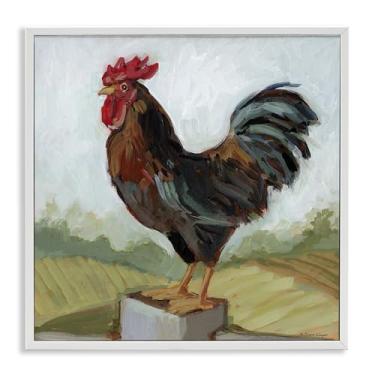 Imagem de Stupell Industries Galo empoleirado em cerca branco emoldurado giclée design de arte por Susan Winget, 12 x 12