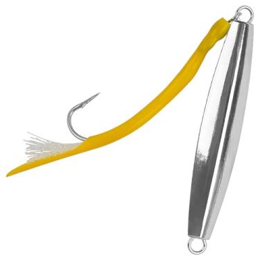 Imagem de Diamond Jigs Iscas de pesca de água salgada com cauda de tubo dividido e gancho de aço inoxidável iscas de colher de metal para pesca de surfe, fundo saltitante, fundição (amarelo - 1 peça, 59 g)