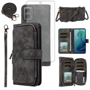 Imagem de Capa para celular Motorola Moto G 5G 2024 carteira com protetor de tela de vidro temperado alça transversal alça flip suporte zíper bolsa porta-cartão slot crédito móvel G5G 5 G G5 mulheres homens