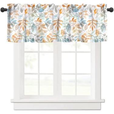 Imagem de JanJCurt Saia de folha de eucalipto de outono, outono laranja azul folhas ramos colheita de ação de graças cortina curta blackout para cozinha, café, quarto, festa, feriado, 137 x 45 cm