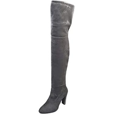 Imagem de Botas femininas de neve de bico fino com cadarço e salto alto para uso ao ar livre, botas longas quentes de inverno, Cinza, 34 BR