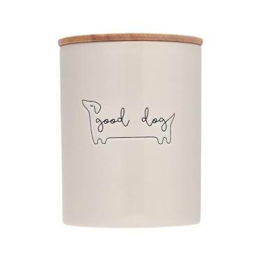 Imagem de Pearhead Good Dog Treat Pote, vasilha de cerâmica e madeira para animais de estimação, decoração de cozinha moderna neutra, acessórios para animais de estimação, pote de armazenamento de biscoitos