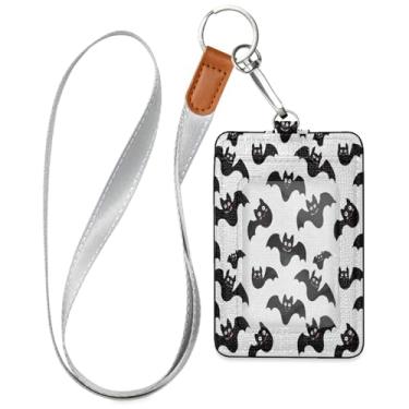 Imagem de Wassud Lindo porta-crachá de couro PU Black Bats com cordão, porta-cartão de identificação para trabalho, cordão de pescoço com compartimentos para cartões de crédito, funcionários, estudantes, 39,9