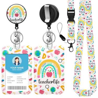 Imagem de Soleebee Porta-crachá de identificação com cordão destacável, etiquetas fofas de nome de professor, porta-cartões de identificação, chaveiro retrátil, carretel de crachá resistente com clipe mosquetão