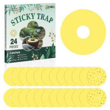 Imagem de Mysora 24 armadilhas para moscas de frutas, anel amarelo, armadilhas adesivas para insetos rastejantes, mosquitos, pulgões, moscas brancas, tripes seguros para ambientes internos e externos em vasos