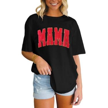 Imagem de BOUTIKOME Camiseta feminina Mama com lantejoulas e glitter, estampa Chenille Mom Life, verão, manga curta, solta, Preto, GG
