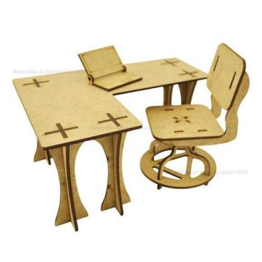 Imagem de Mesa C/ Cadeira de Escritorio para Boneca Laser Mdf Madeira Cru - ATAC