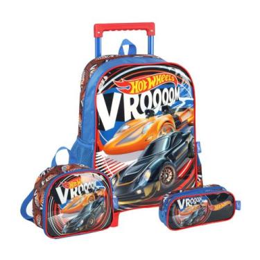 Imagem de Kit Mochila Rodas Lancheira Estojo Carros Escolar Hot Wheels, Vermelho